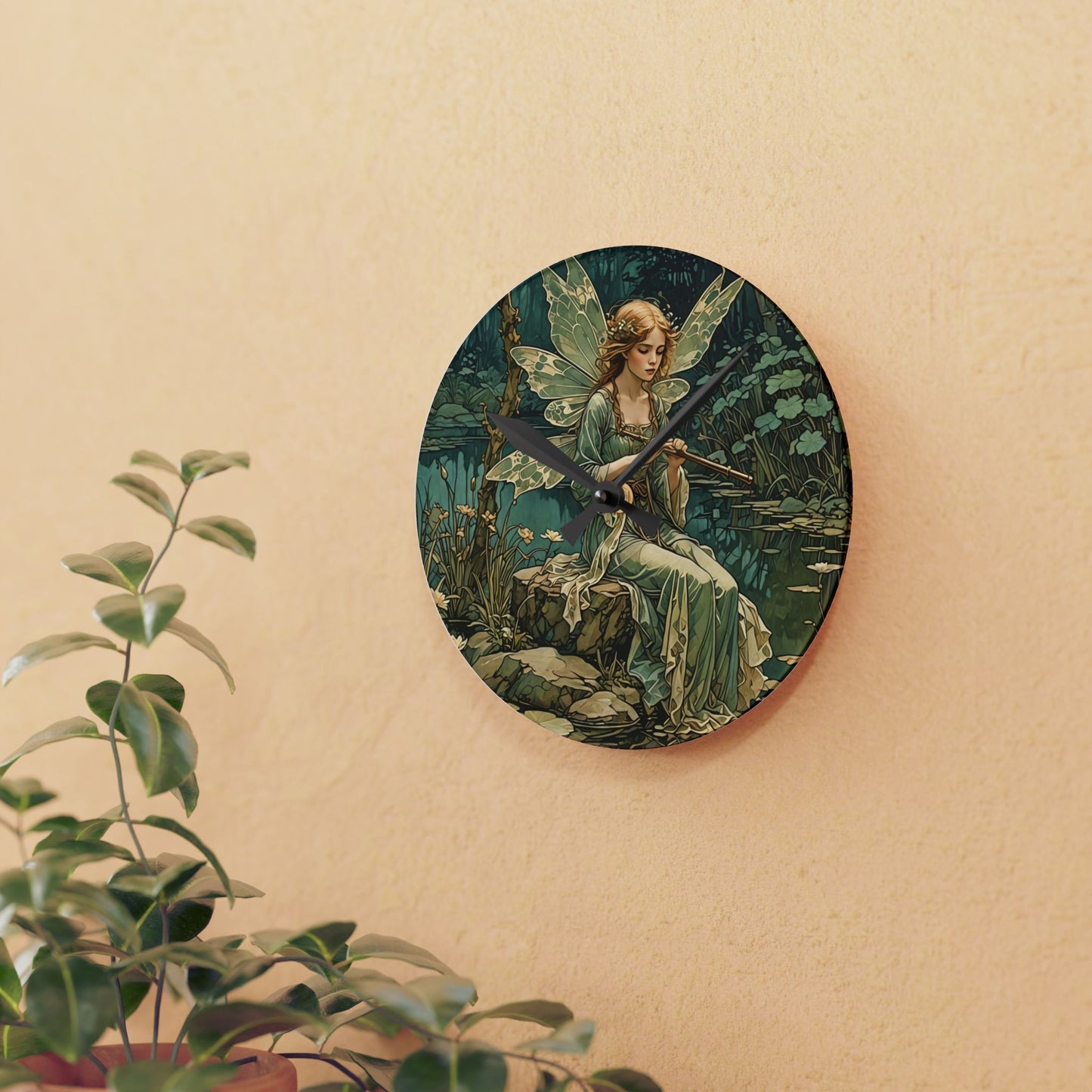 Acrylic Wall Clock - Mystical Fairy Nymph Playing Flute