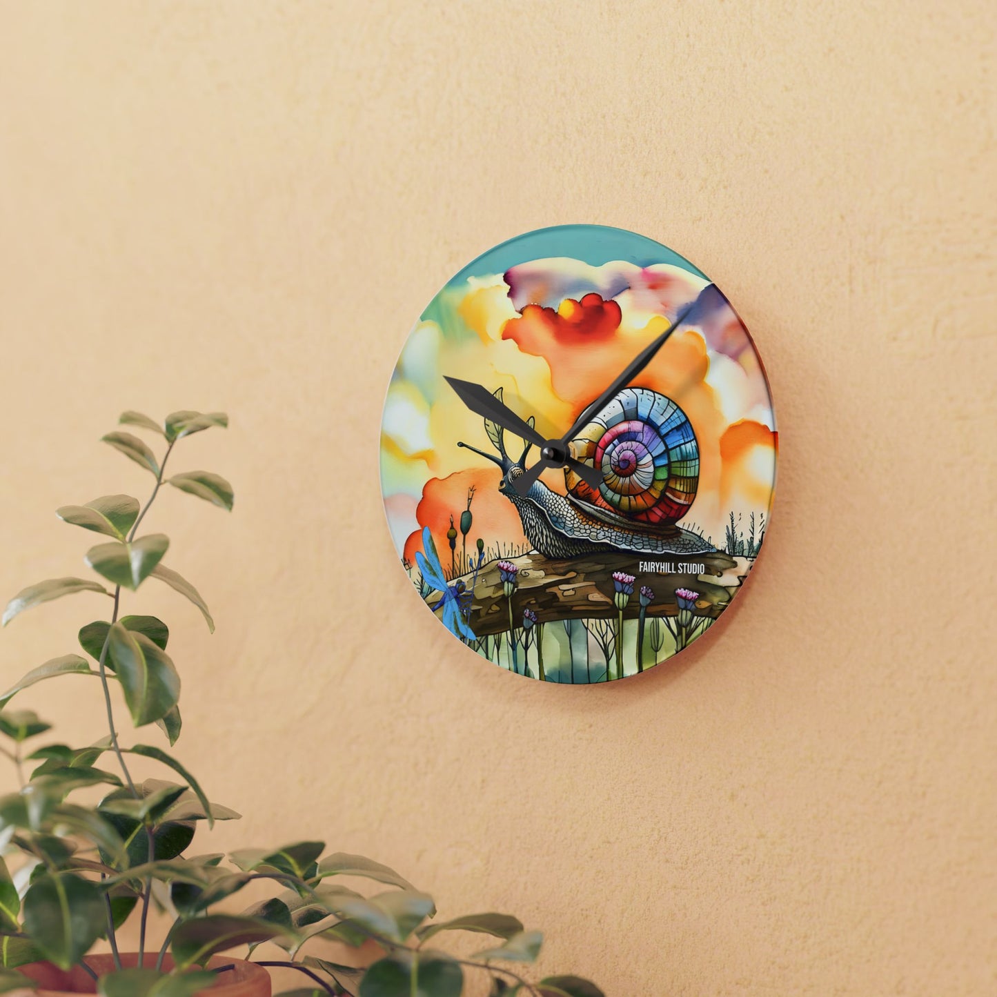 Acrylic Wall Clock Snail  and Dragonfly/Art