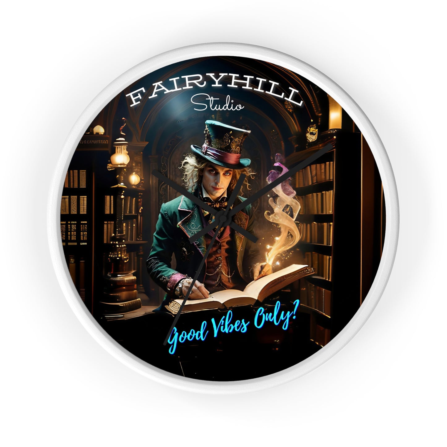Wall Clock - Good Vibes Only Magician Mad Hatter Harry Potter Style Library Art