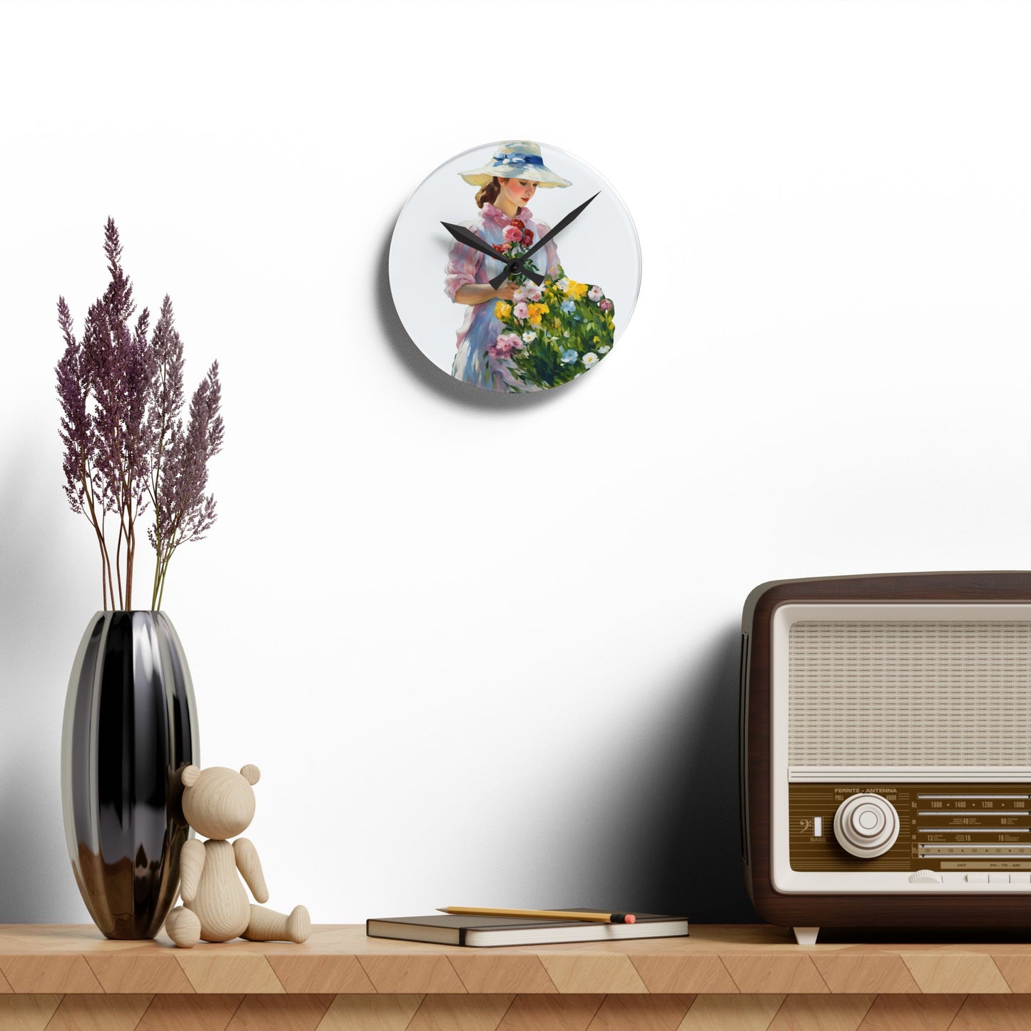Wall Clock -  Painting of Girl with Flowers