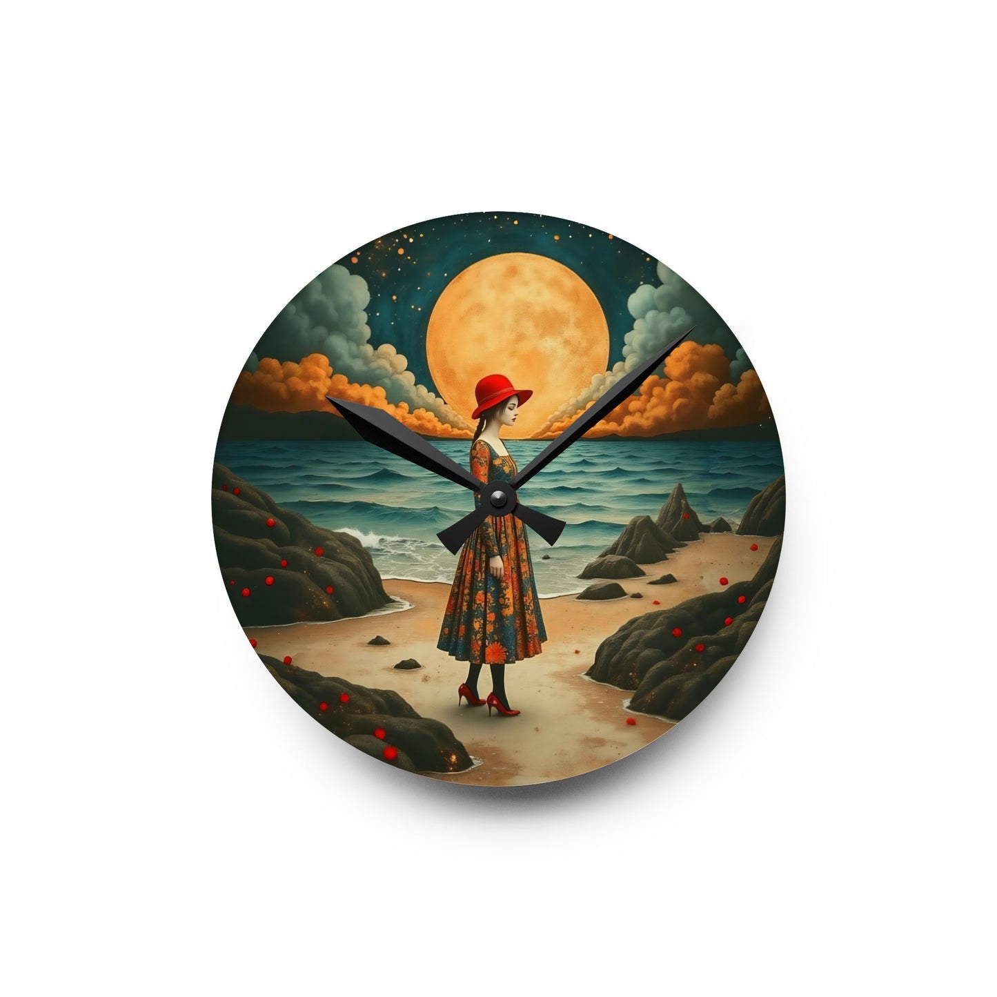 Moon girl with red hat Wall clock  Gift   Acrylic Wall Clock