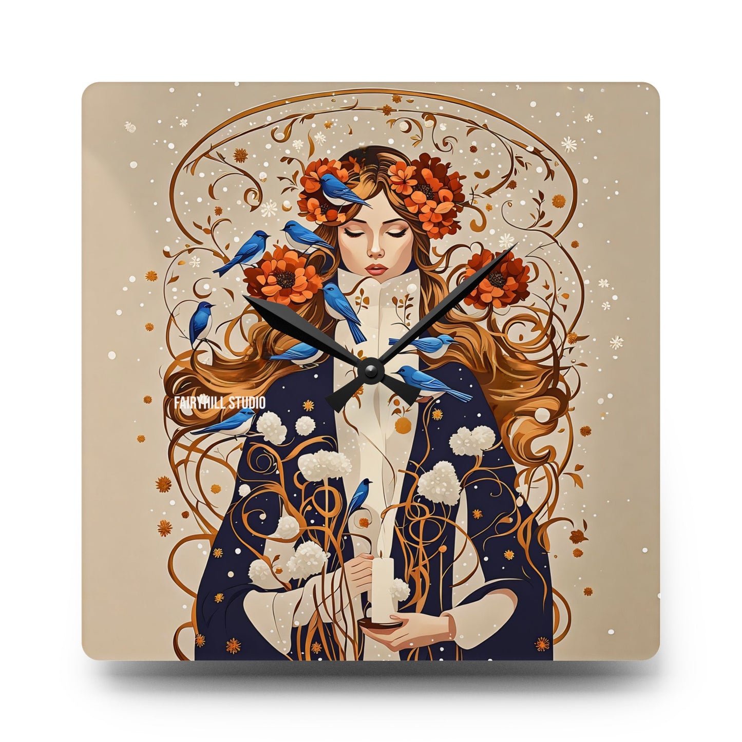 Acrylic Wall Clock - Blue Birds in Winter