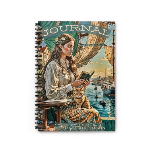 Spiral Notebook - Woman and Cat Reading by Ship Harbor