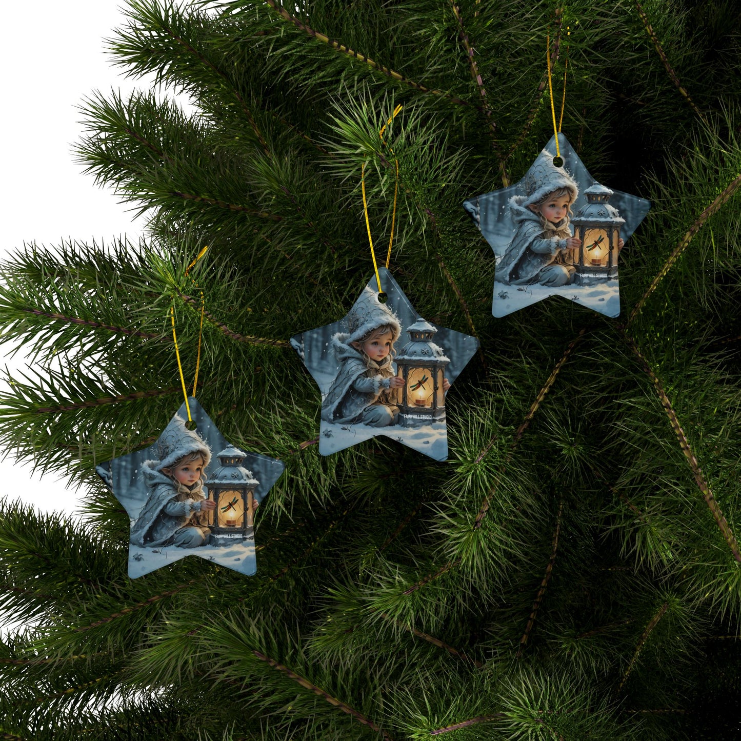 Ceramic Ornaments - Magical Holiday Elf with Dragonfly Lantern Art