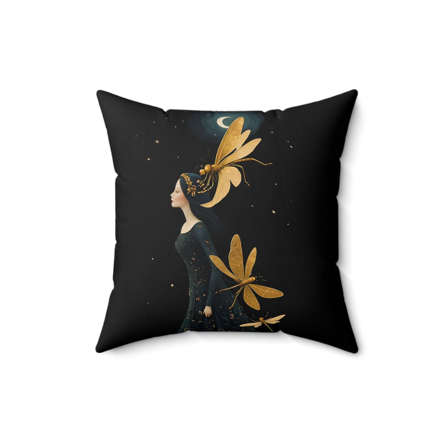 Square Pillow - Midnight Girl with Golden Dragonflies at Night Art by Fairyhill Studio