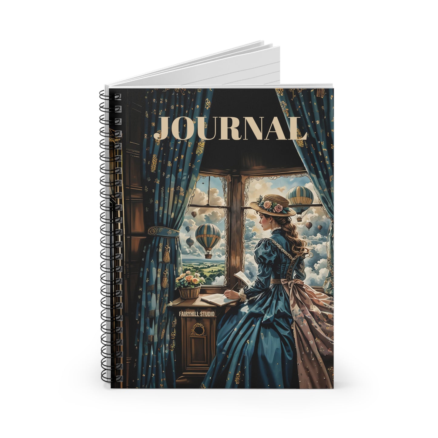 Spiral Notebook - Victorian Girl Watching Hot Air Balloons Whimsical Art