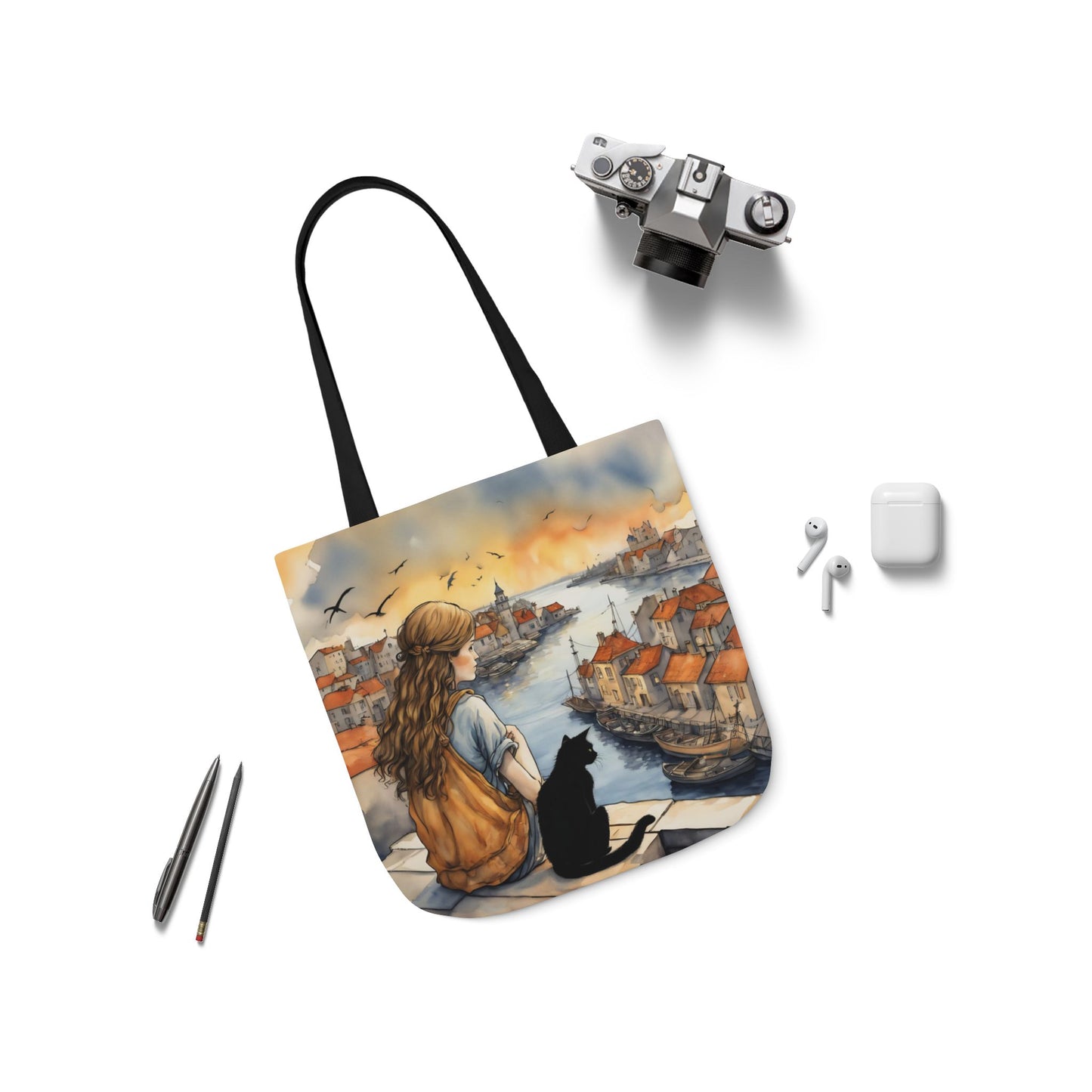 Girl with a Black cat on a roof top  FairyHill Studio Red phone- Canvas Tote Bag - Perfect for Beach Days, Eco-Friendly Shopping, and Summer Fun!