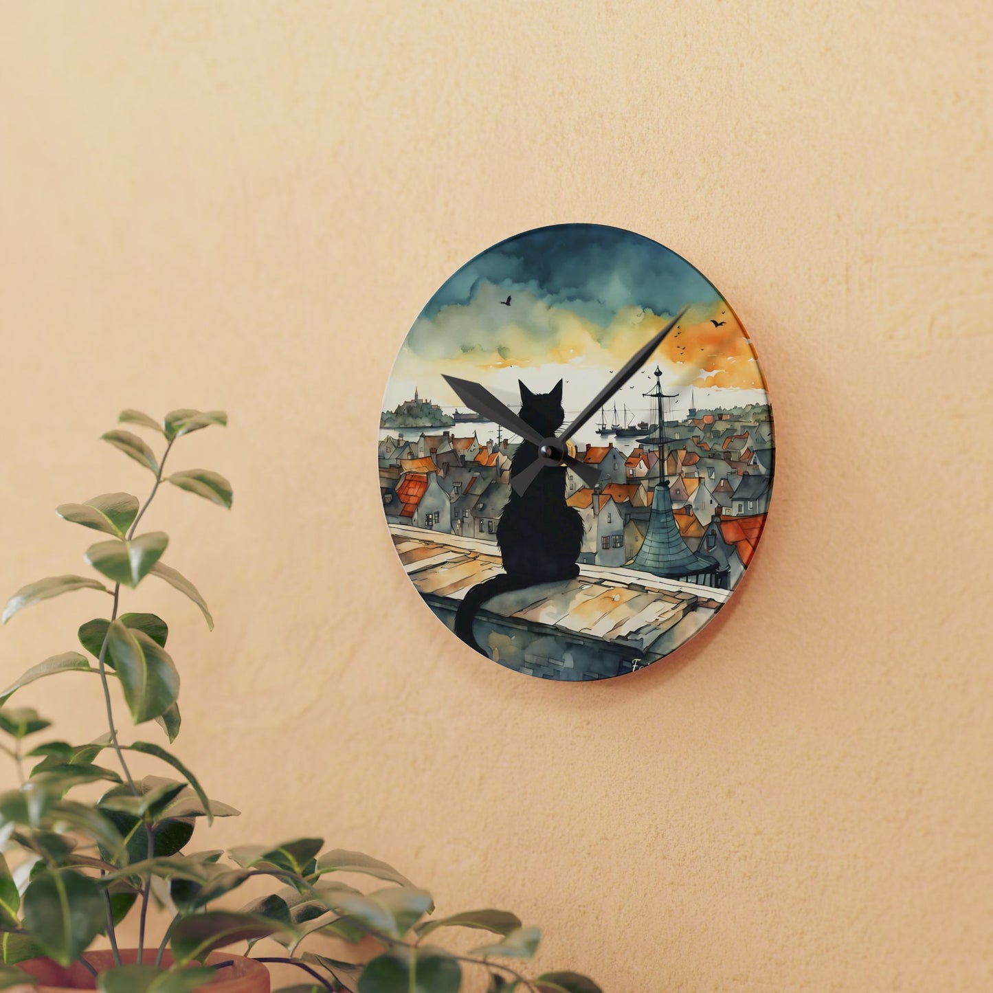 Black Cat on a roof top - by Fairyhill Studio  Wall clock  Gift   Acrylic Wall Clock