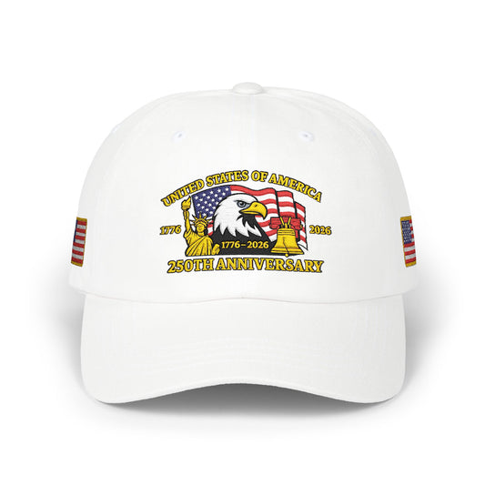 250th Anniversary USA Flag Patch Hat – Embroidered Gold Border Edition (1776–2026) – Classic White Baseball Hat