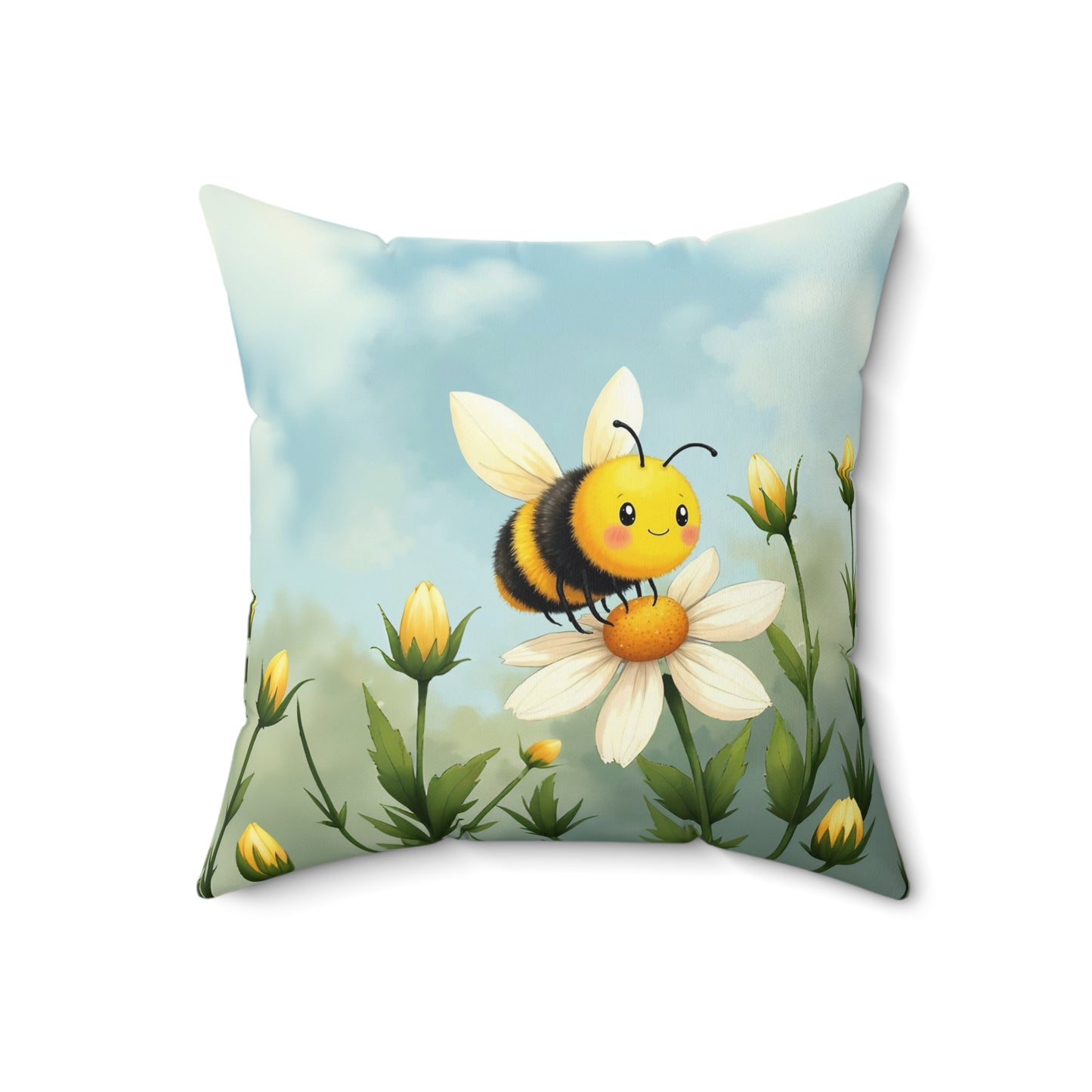 Square Pillow - Cute Honey Bee in Flower Garden by Fairyhill Studio