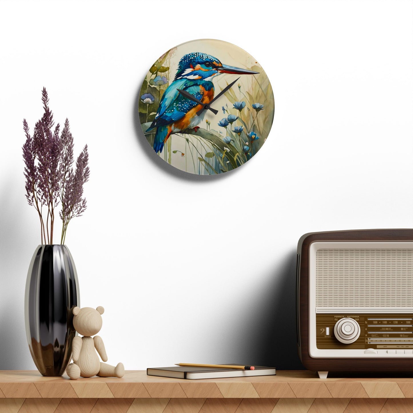 Acrylic Wall Clock - Lovely Colors King Fisher Art by Fairyhill Studio