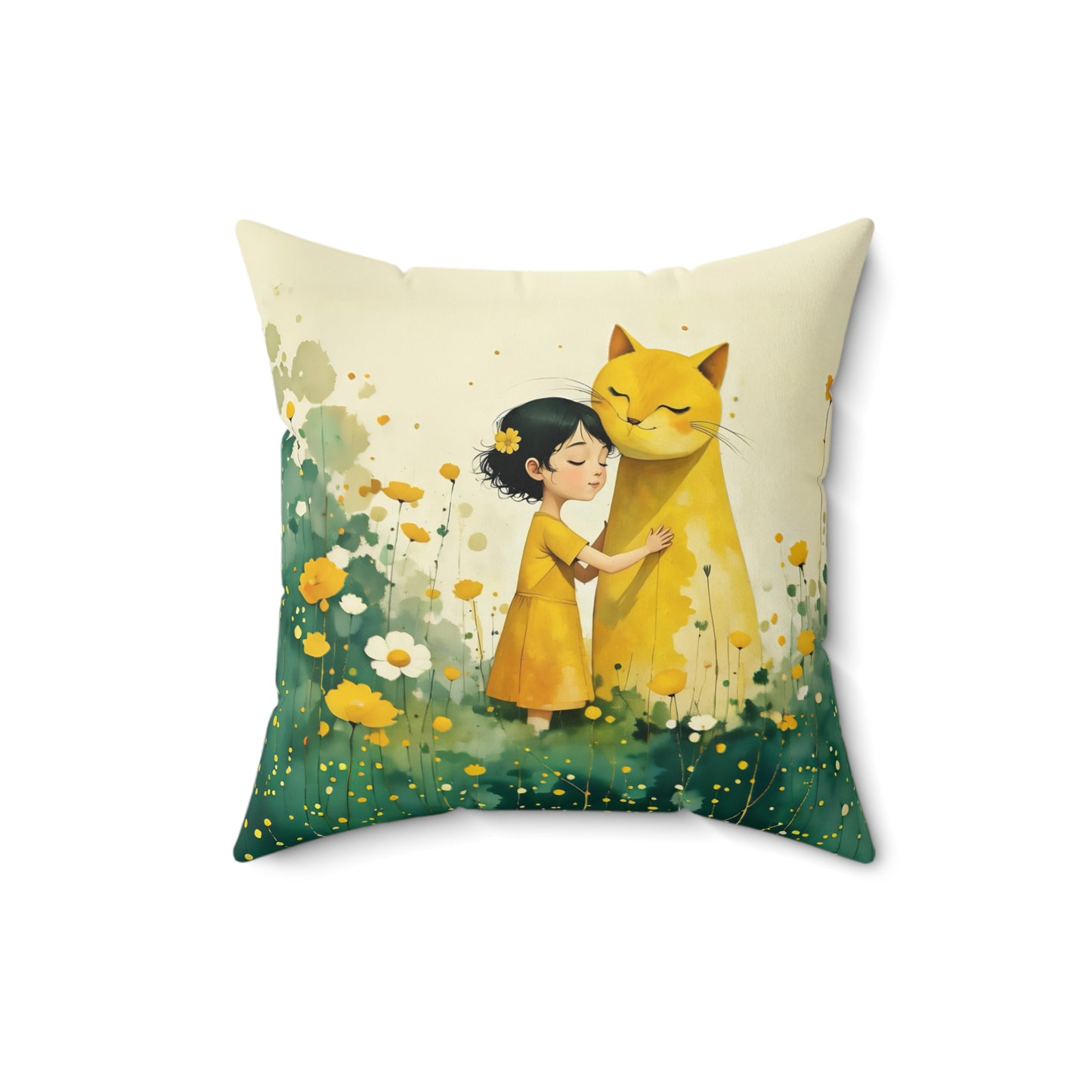 Girl with yellow  cat  Square Pillow - by Fairyhill Studio