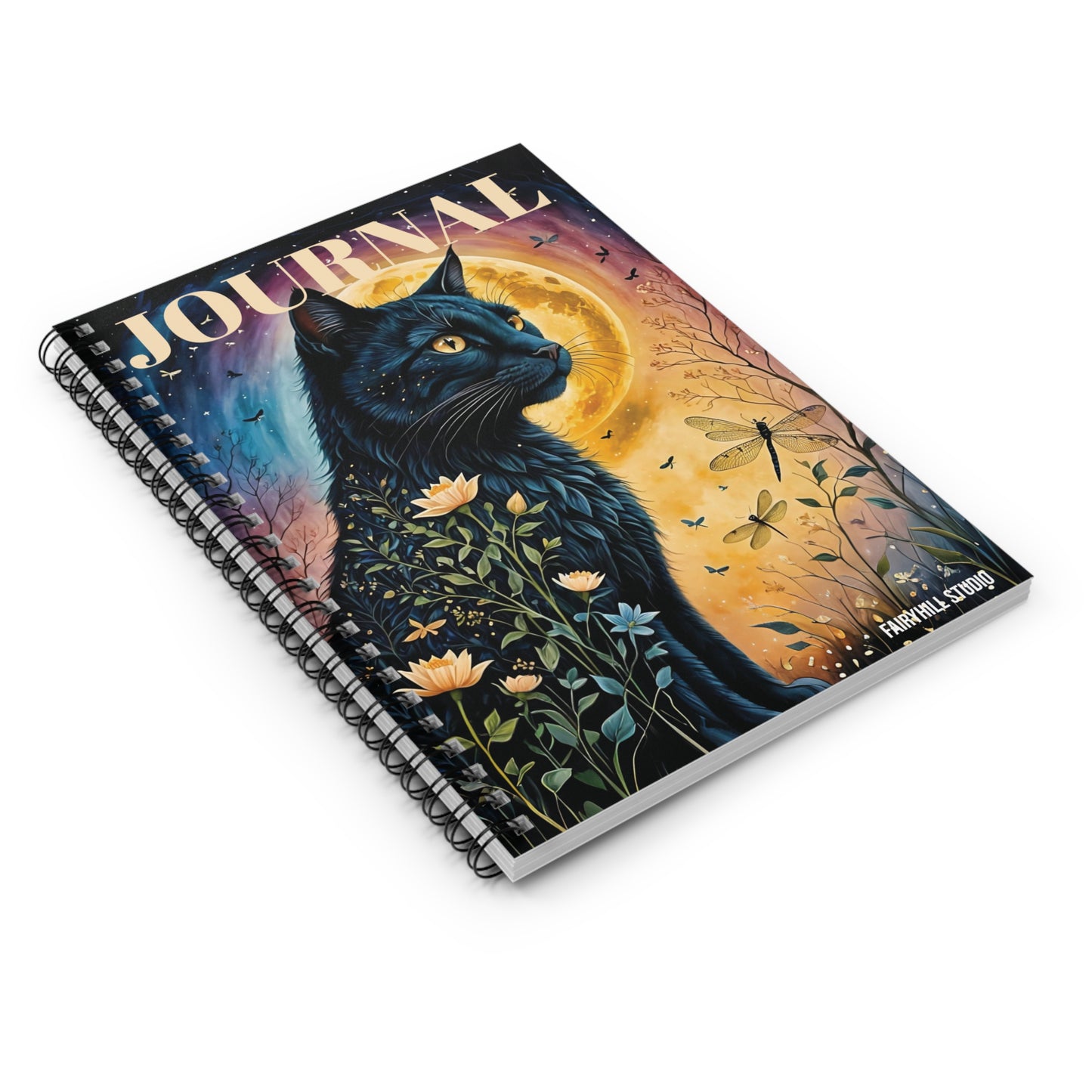 Spiral Notebook - Black Cat at Night and Dragonflies