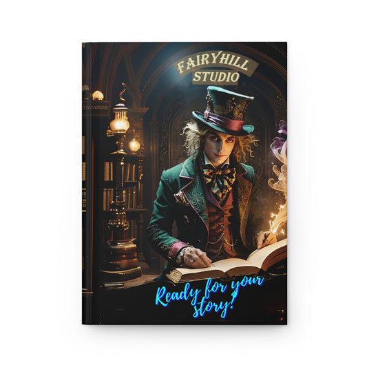 Matte Hardcover Journal - Whimsical Mad Hatter with Books Art by Fairyhill Studio