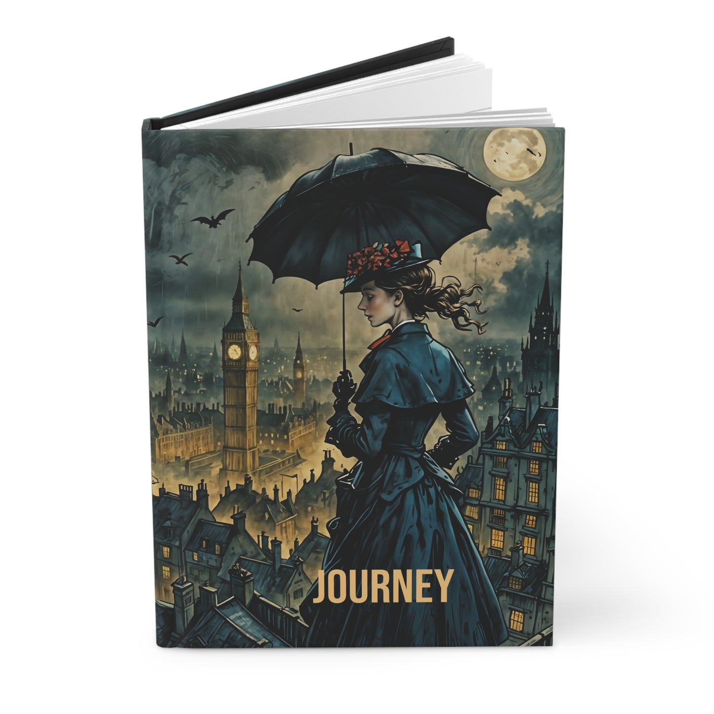 Hardcover Journal Matte - Mary Poppins with Umbrellas on London Rooftop Art