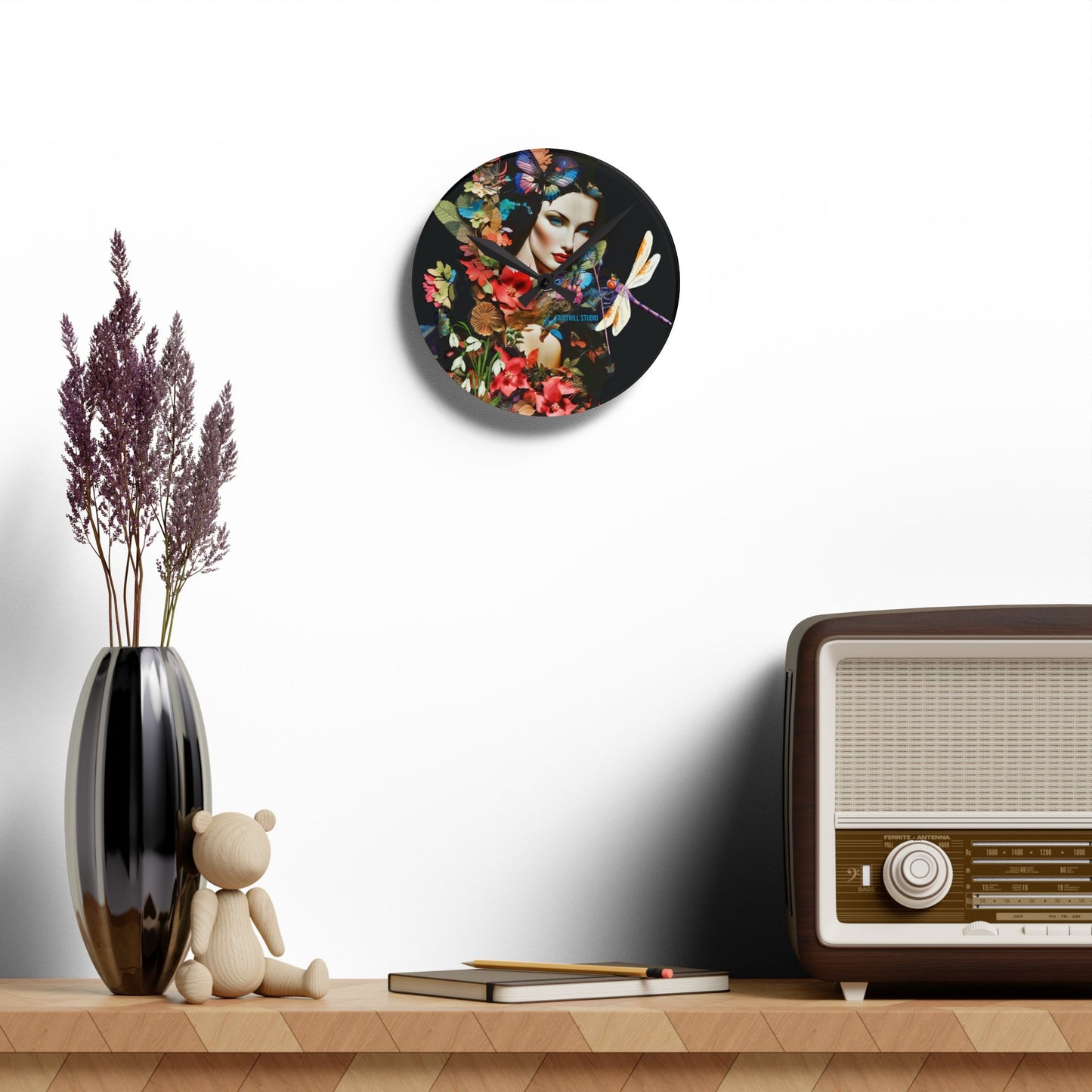 Acrylic Wall Clock -Lady in Nature with a Dragonfly /Art