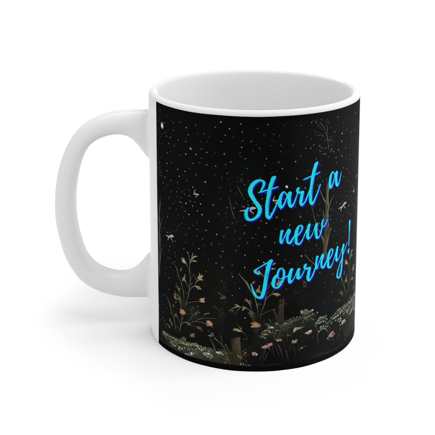 Mug 11oz 'Start a new journey' Woman in Night Garden with Butterflies