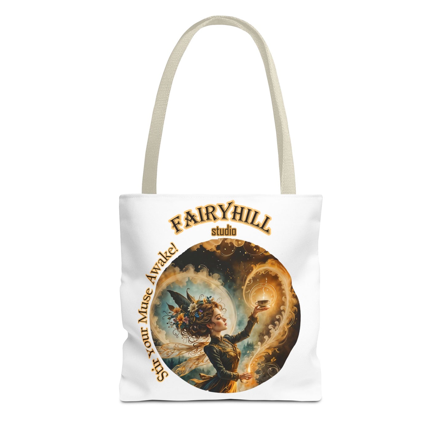 Coffee Fairy Tote Bag - 'Stir your muse awake' Quote Art by Fairyhill Studio