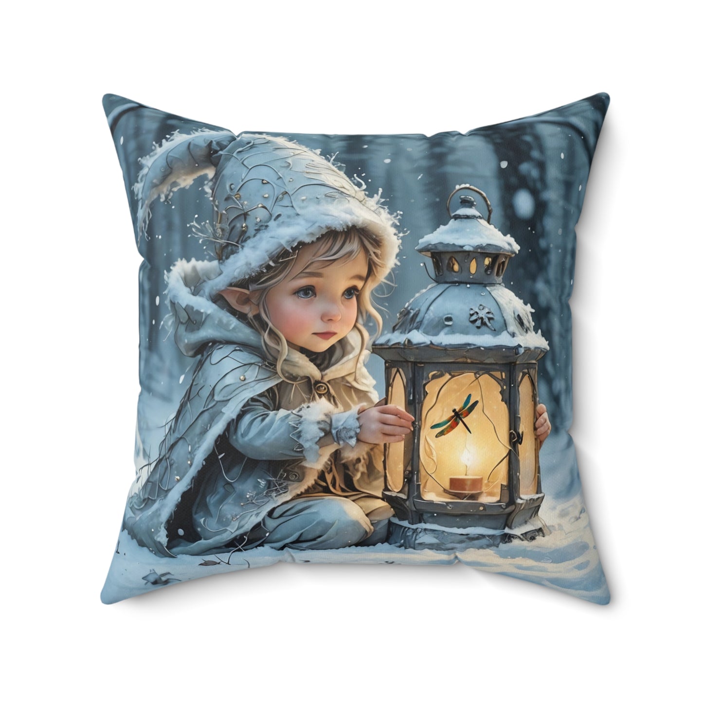 Square Pillow Winter Fairy Elf Dragonfly Lantern Art