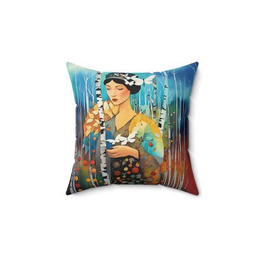 Pillow - Girl in Birch Forest with White Butterflies by Fairyhill Studio