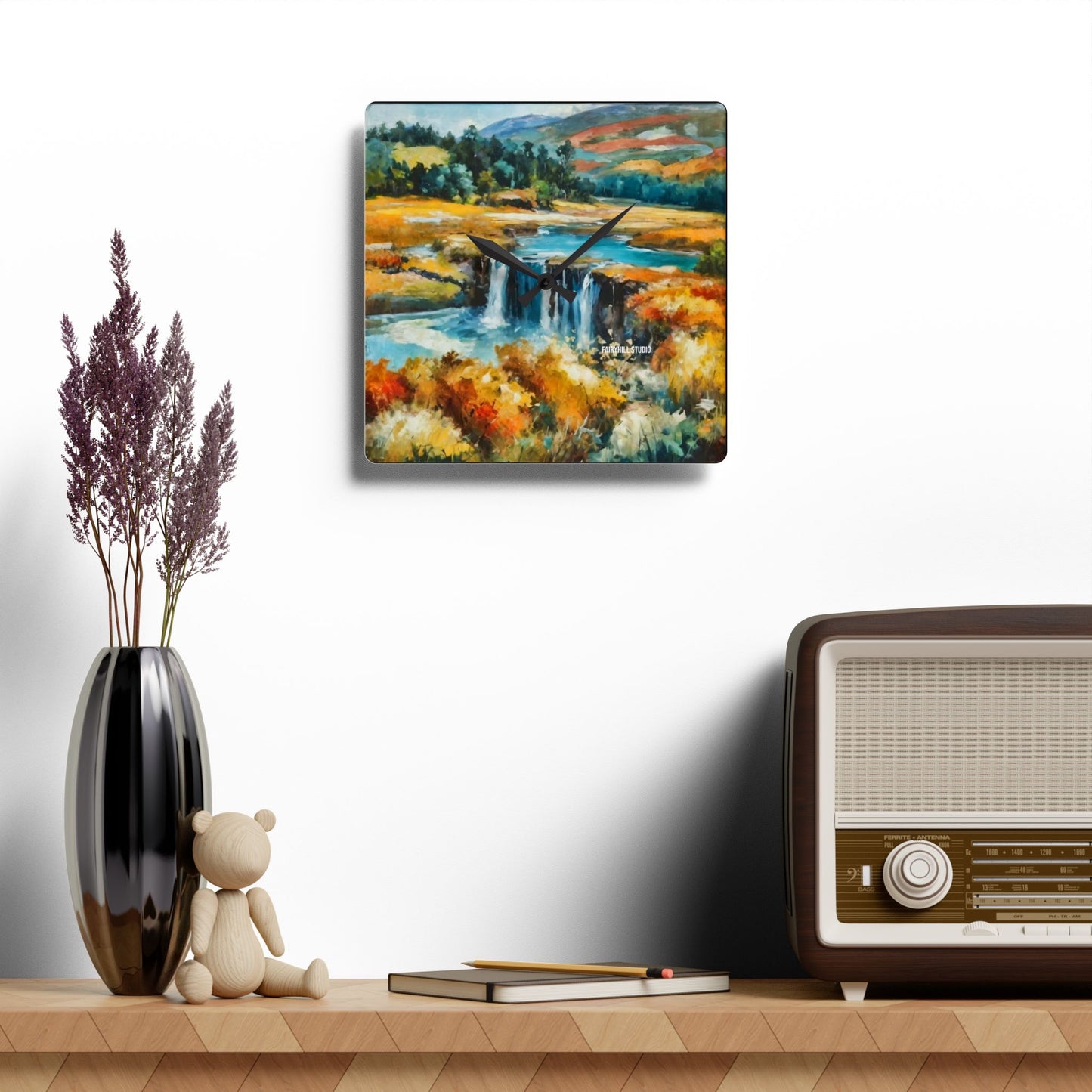 Wall Clock - Village by the Pond Watercolor Art Design