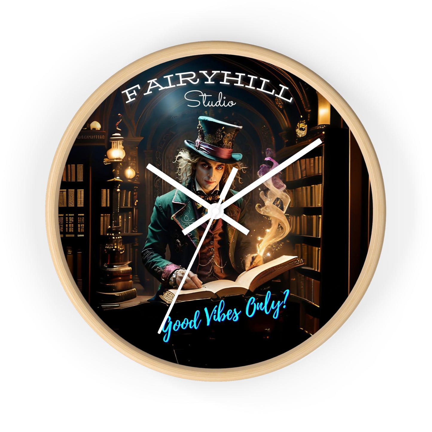 Wall Clock - Good Vibes Only Magician Mad Hatter Harry Potter Style Library Art