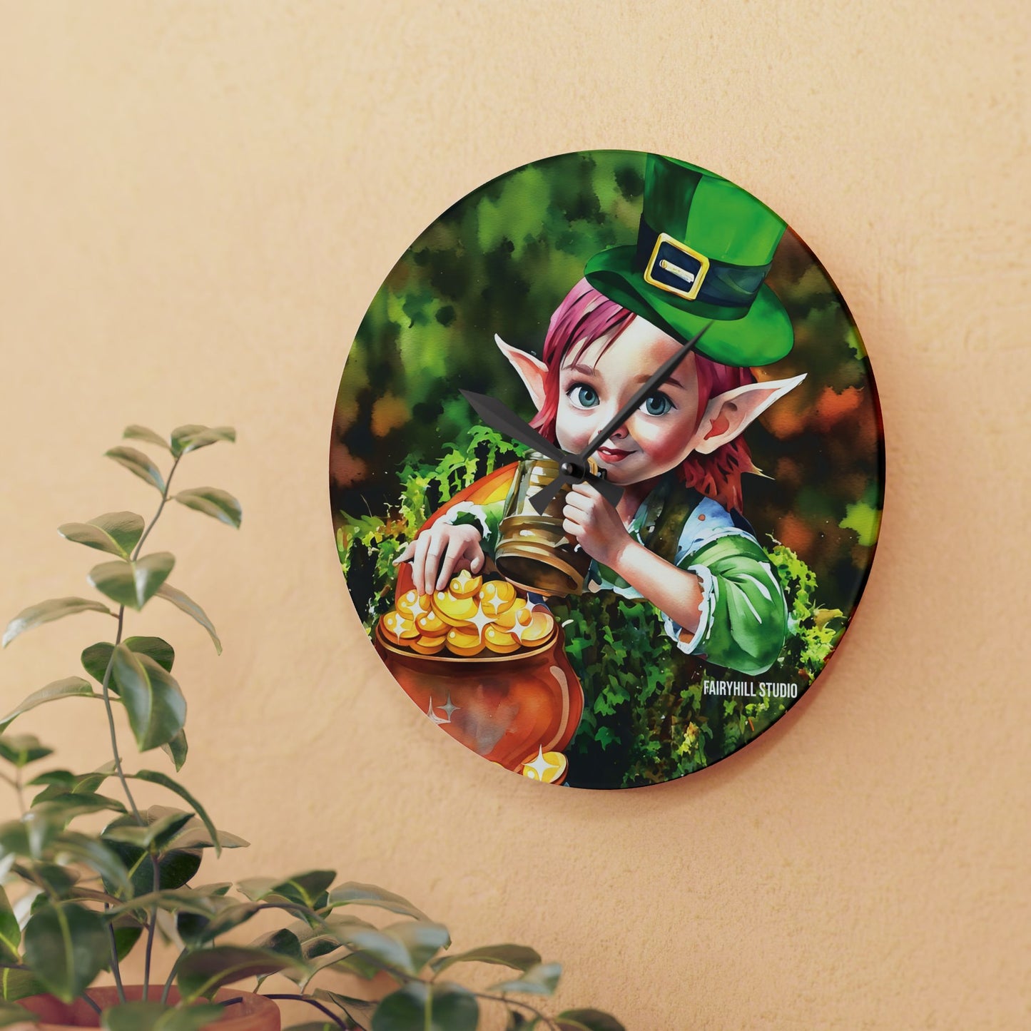 Acrylic Wall Clock Irish Elf with pot of gold/Art