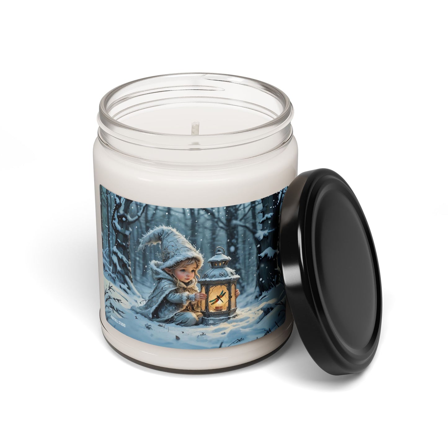 Soy Candle magical holiday art featuring a Lovely Elf with Dragonfly lantern in winter snow