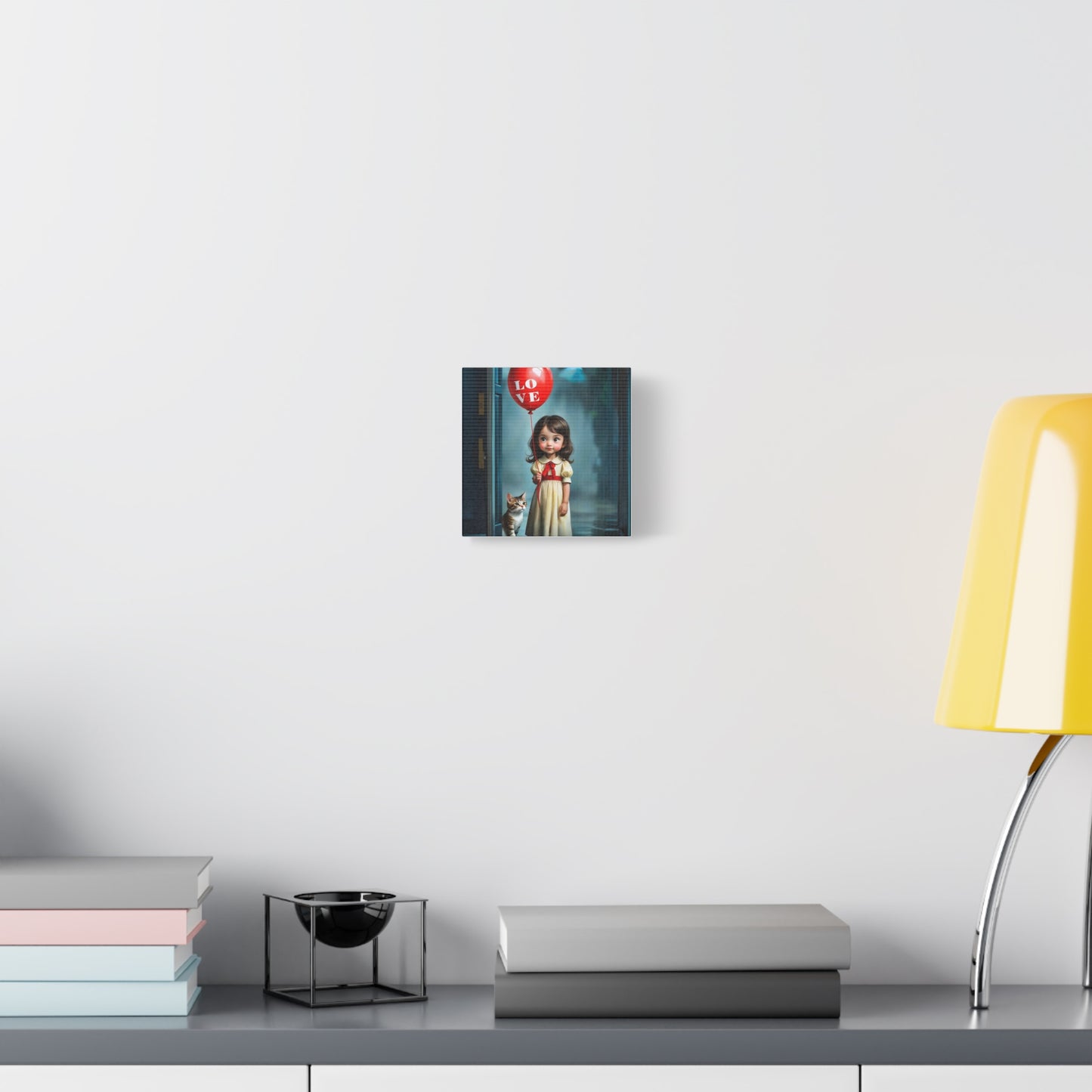 Canvas Print - Cute Girl with Red Love Balloon and Cat Art by Fairyhill Studio