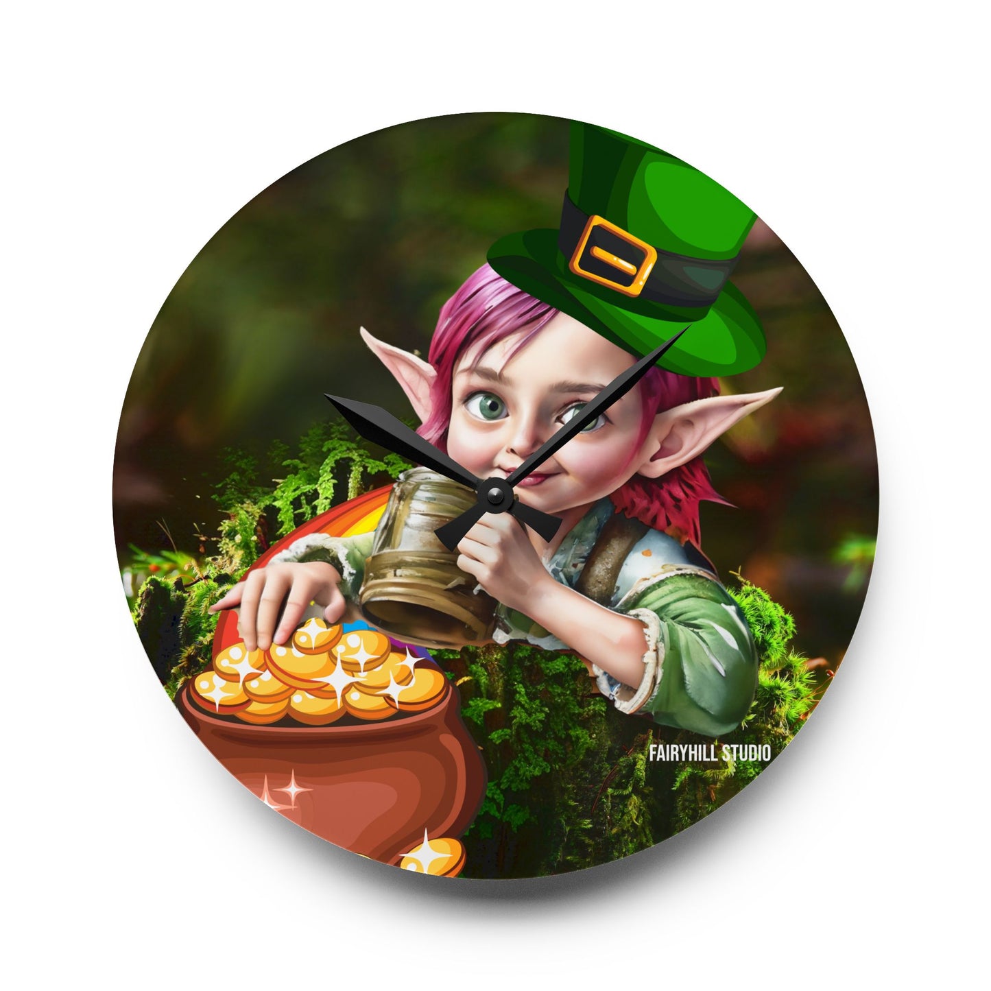 Acrylic Wall Clock Irish Elf with pot of gold/Art