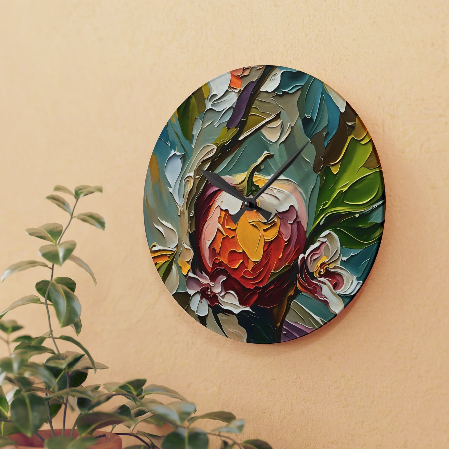 Wall Clock - Apple and Apple Flowers Impasto Art by Fairyhill Studio
