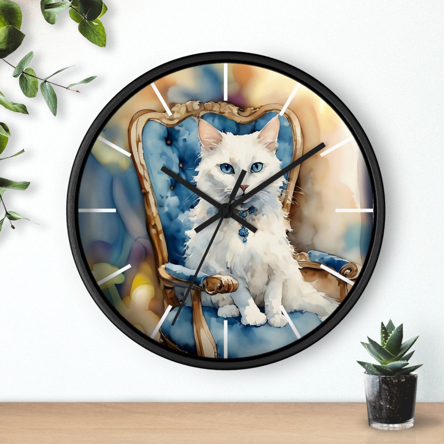 Wall Clock - White Cat with Blue Eyes Art by Fairy Hill Studio