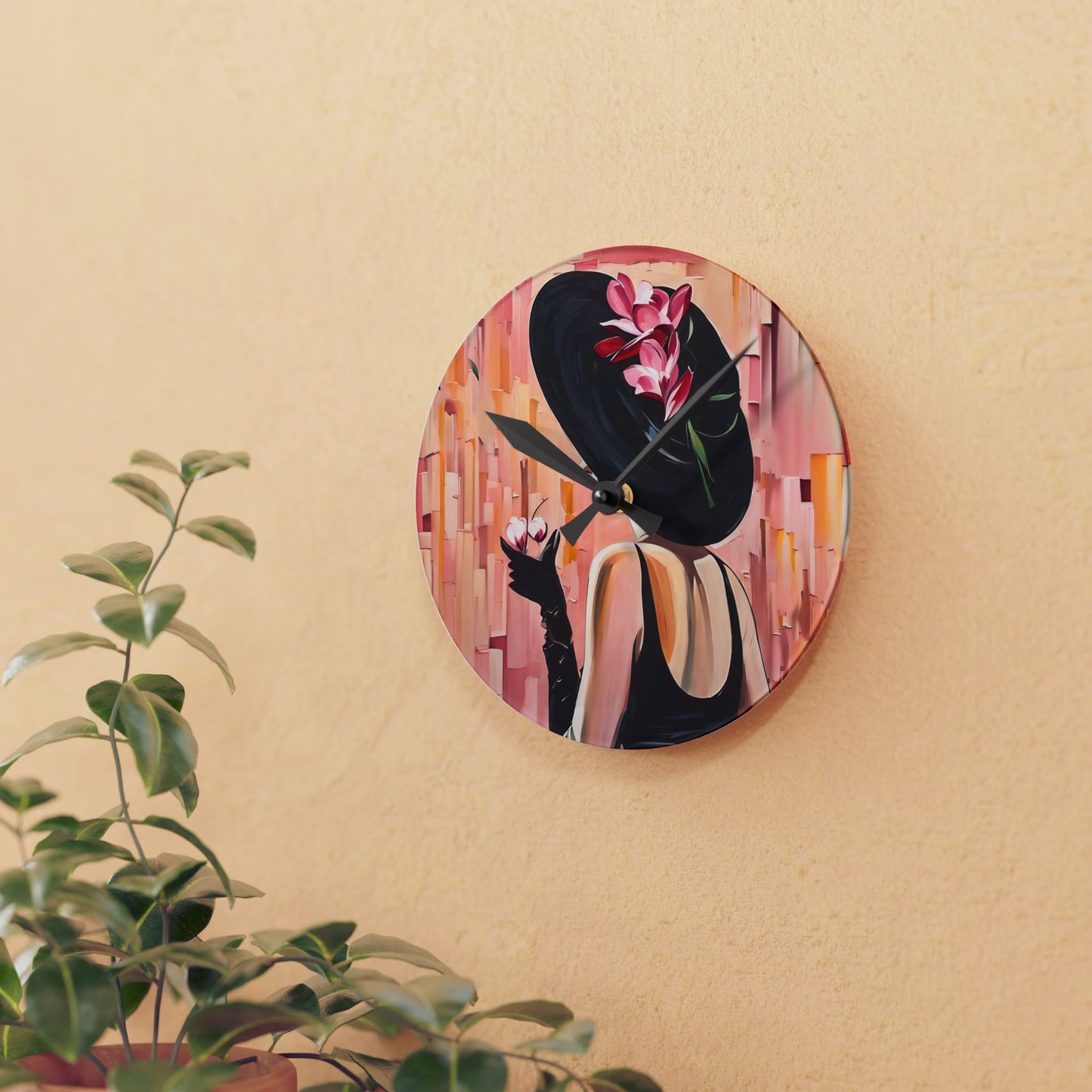 Acrylic Wall Clock Pink and Black Art Lady with Black Hat Marini Glass Fairyhill Studio Design