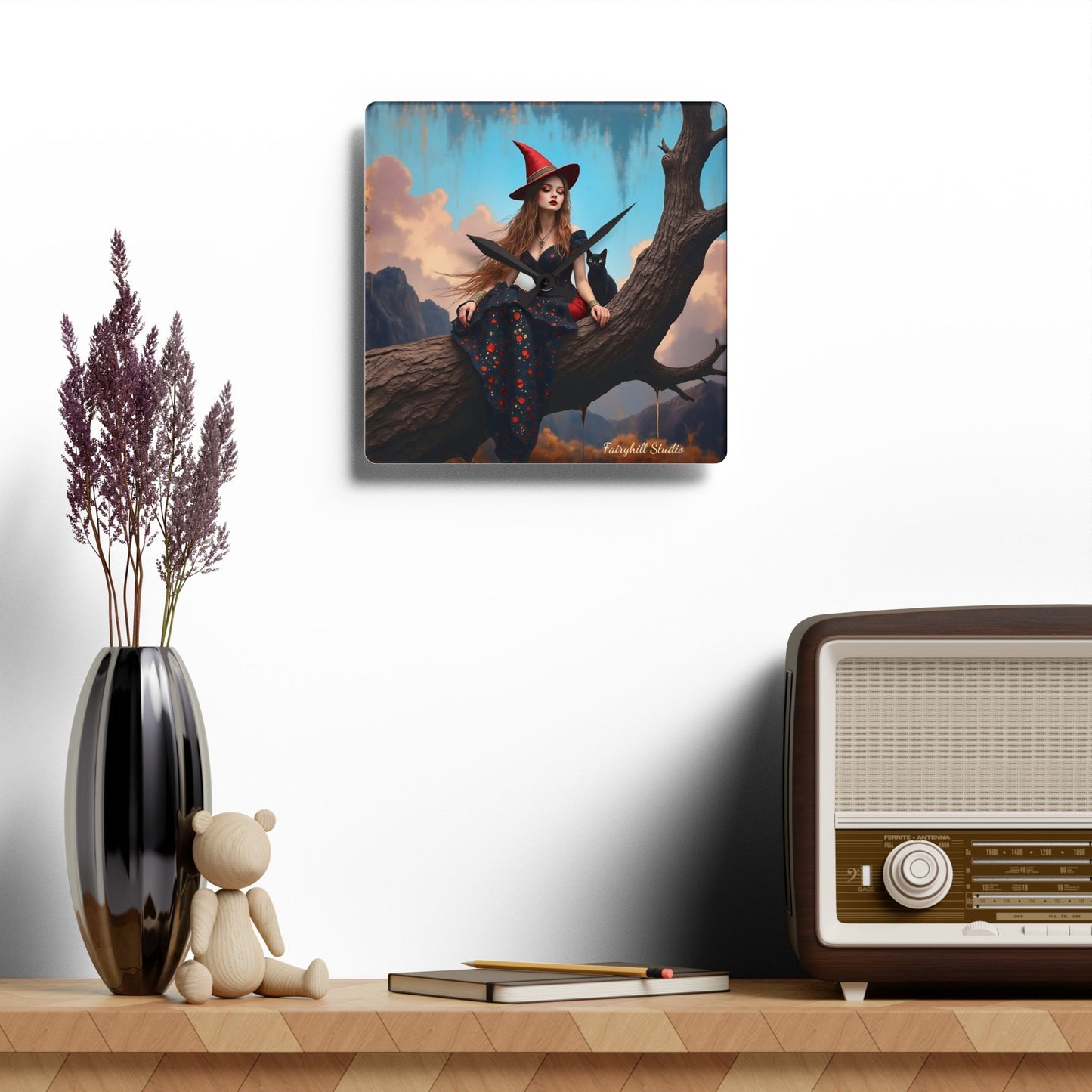 Elegant witch with black cat Wall clock  Gift   Acrylic Wall Clock