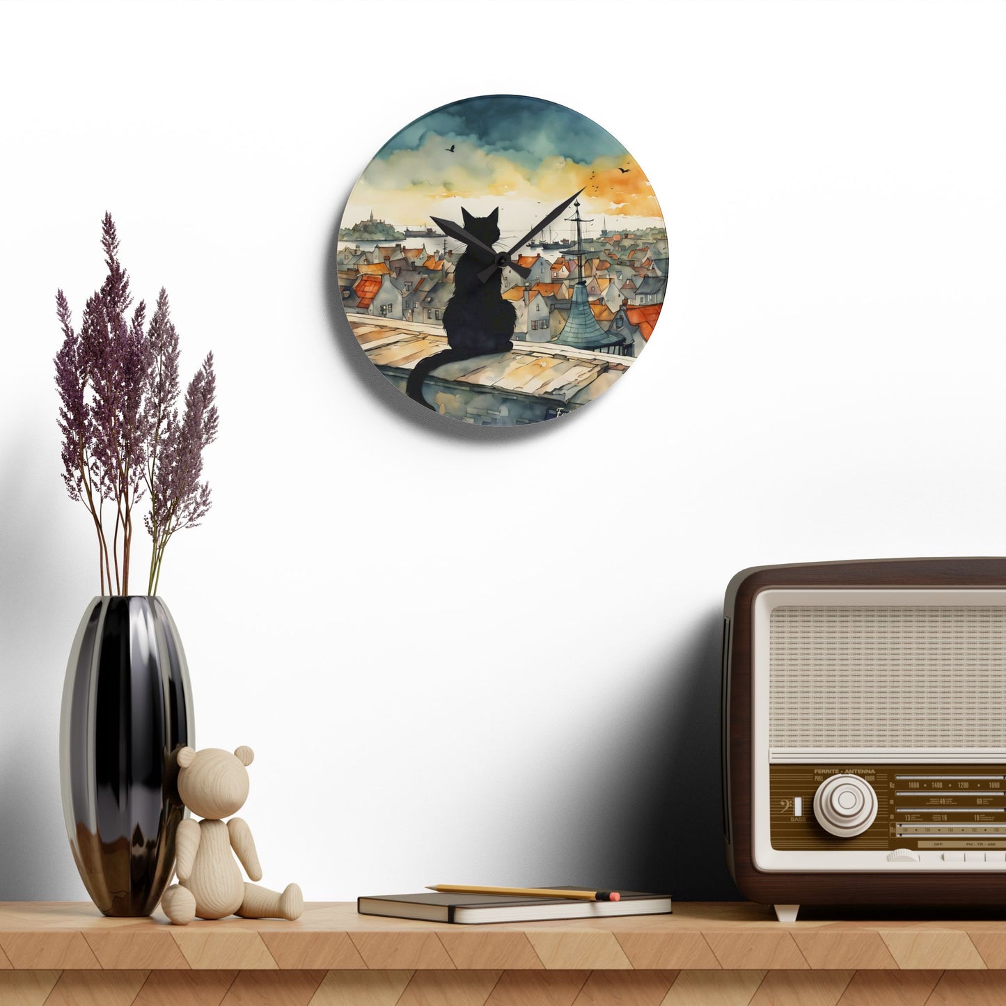 Black Cat on a roof top - by Fairyhill Studio  Wall clock  Gift   Acrylic Wall Clock