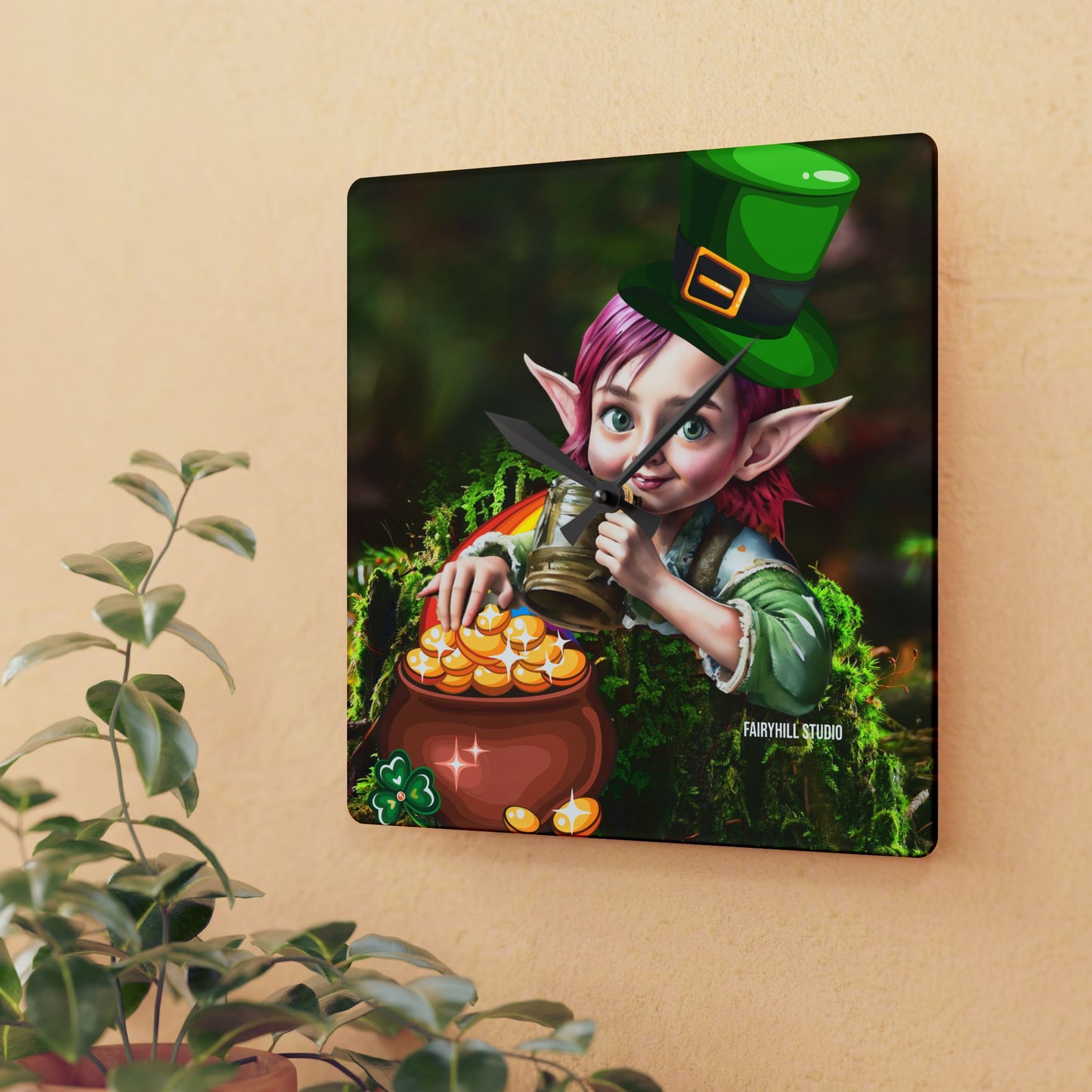 Acrylic Wall Clock Irish Elf with pot of gold/Art