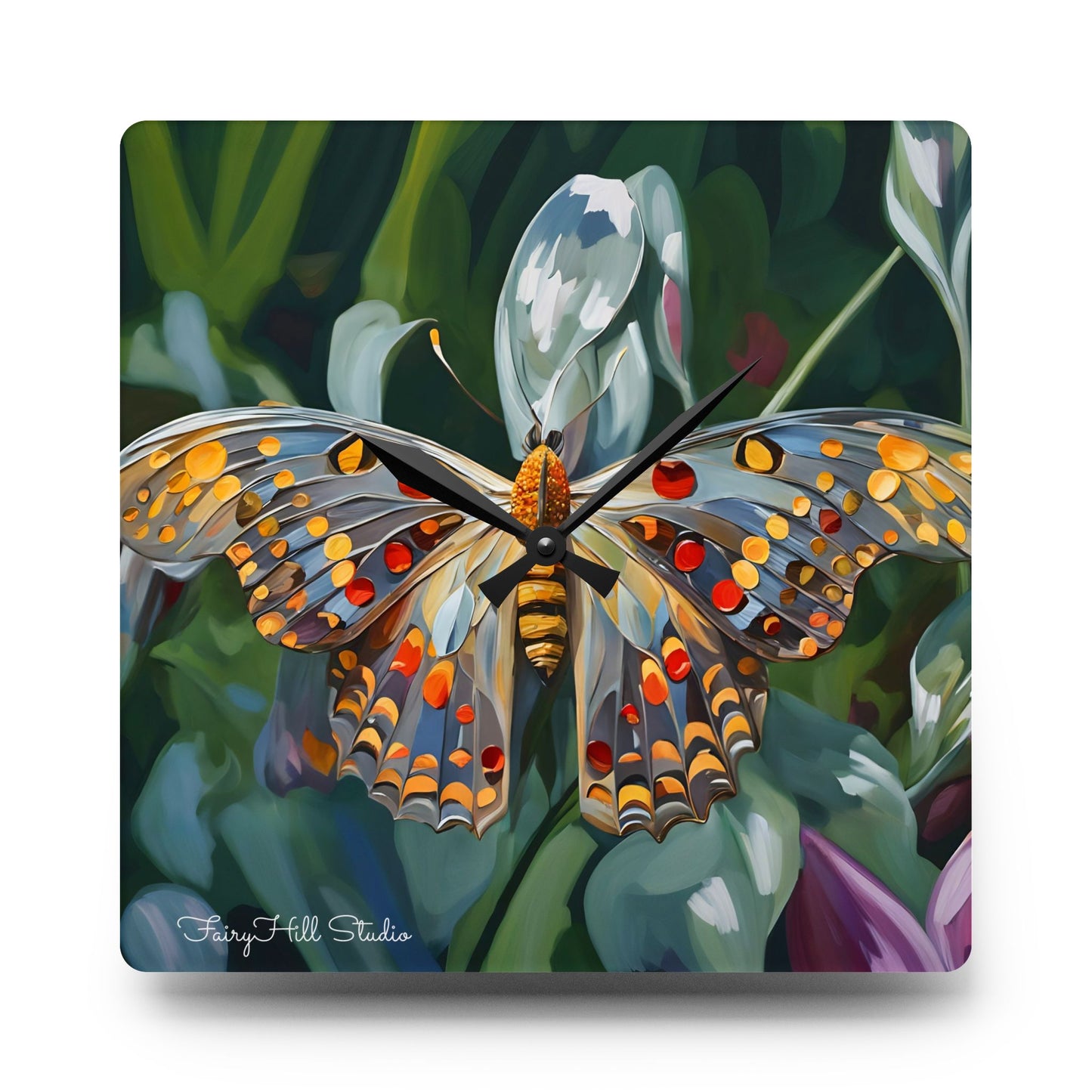 Acrylic Wall Clock - Lovely Butterfly on a Flower Art