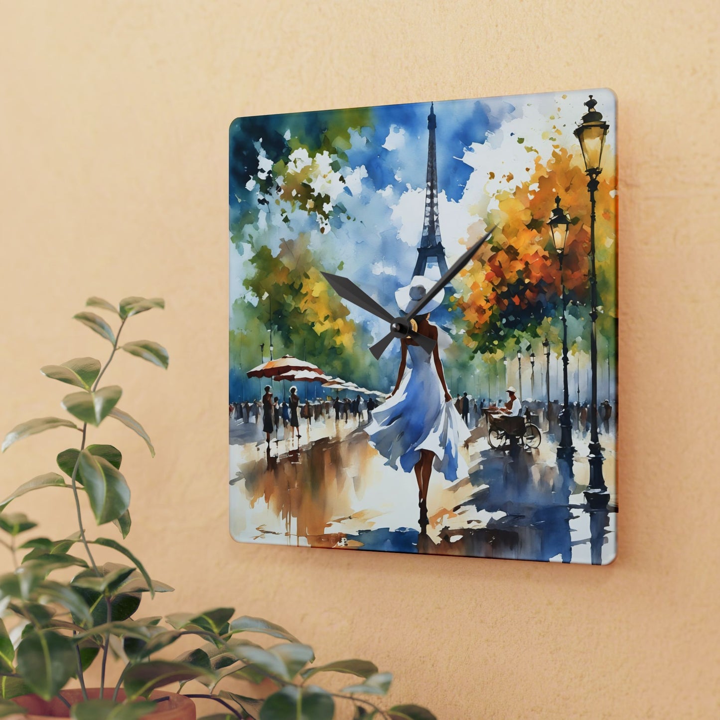 Acrylic Wall Clock - Woman in White in Paris Art Fairyhill
