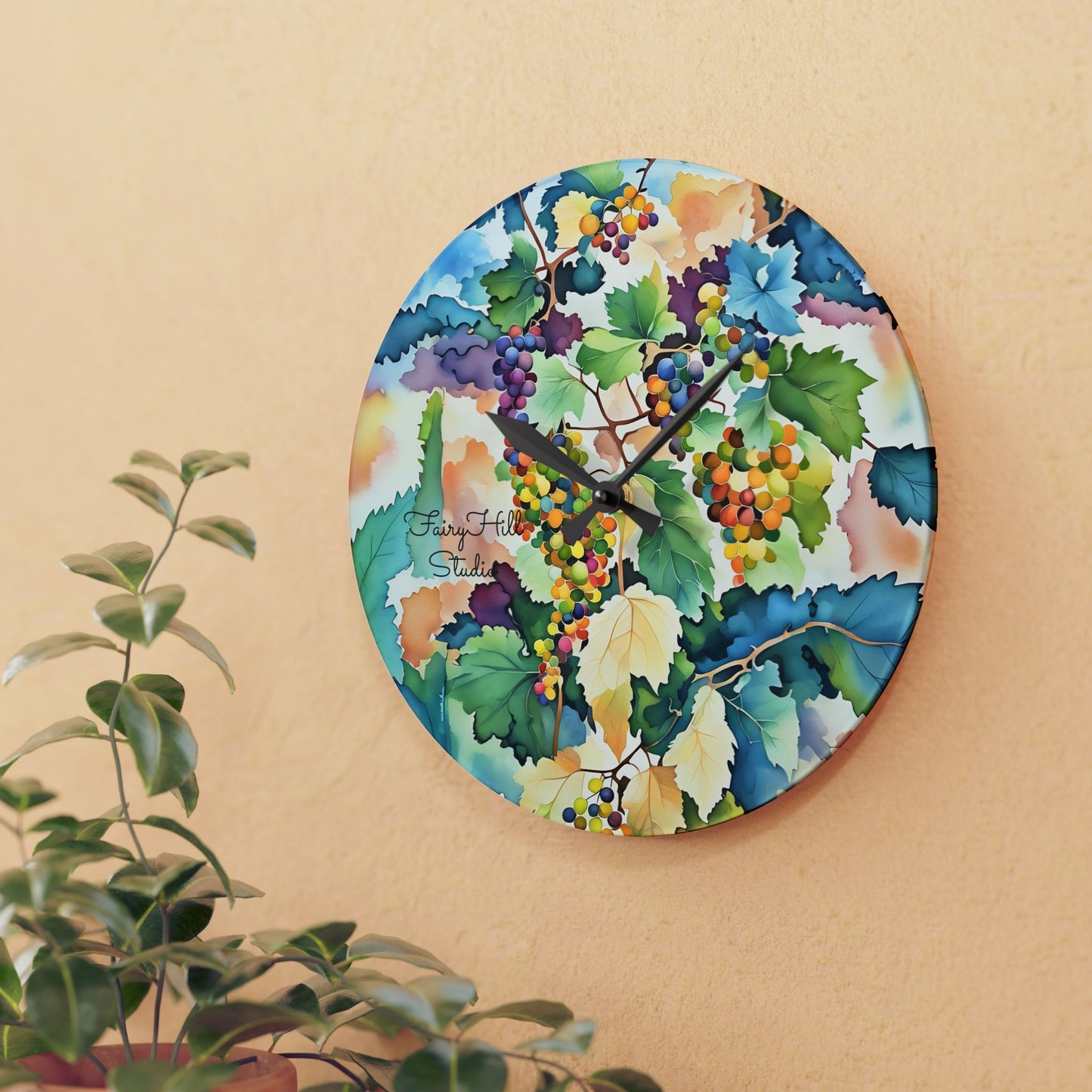Wall Clock Watercolor Tuscany Grapes Art