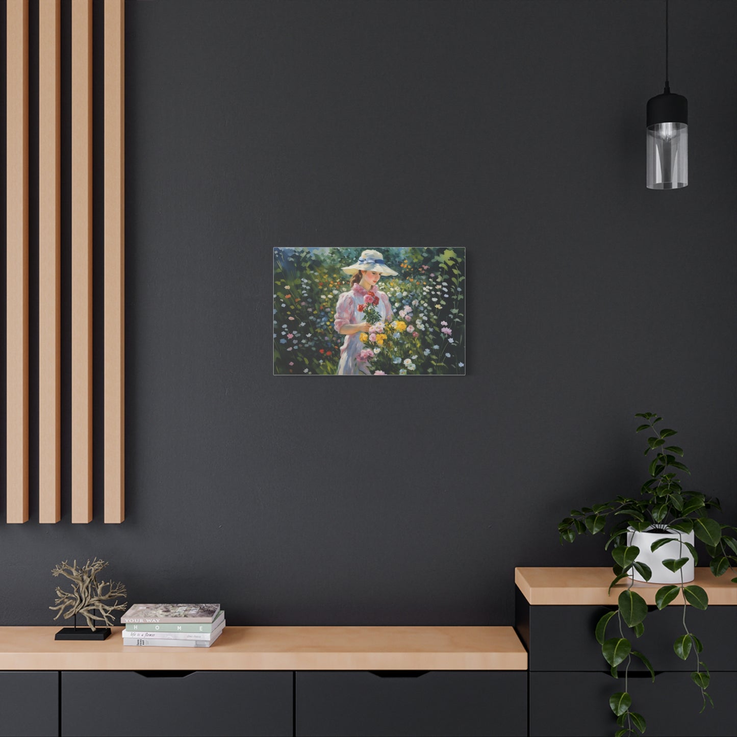 Canvas Art - Monet Style Floral Serenity with Elegant Woman and Flower Basket, Stretched Matte 1 25"