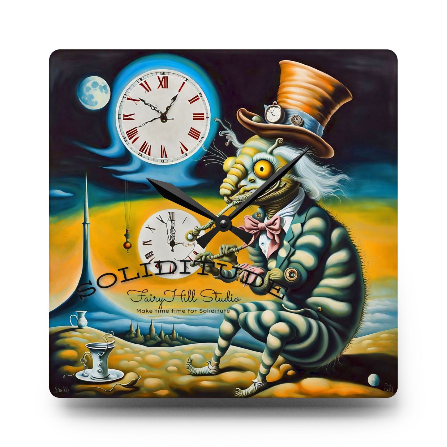 Wall Clock - Alice in Wonderland Caterpillar with Top Hat and Hookah Art by Fairyhill Studio