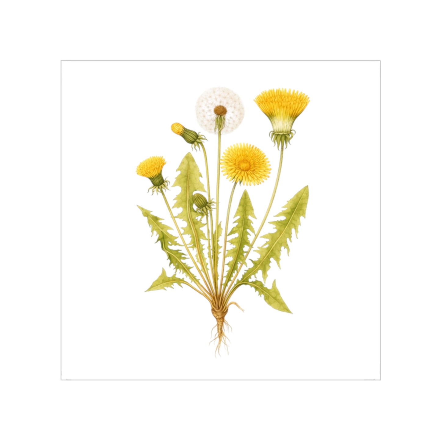 botanical watercolor illustration of Taraxacum officinale (dandelion), Transparent Outdoor Sticker — Square Weatherproof Decal