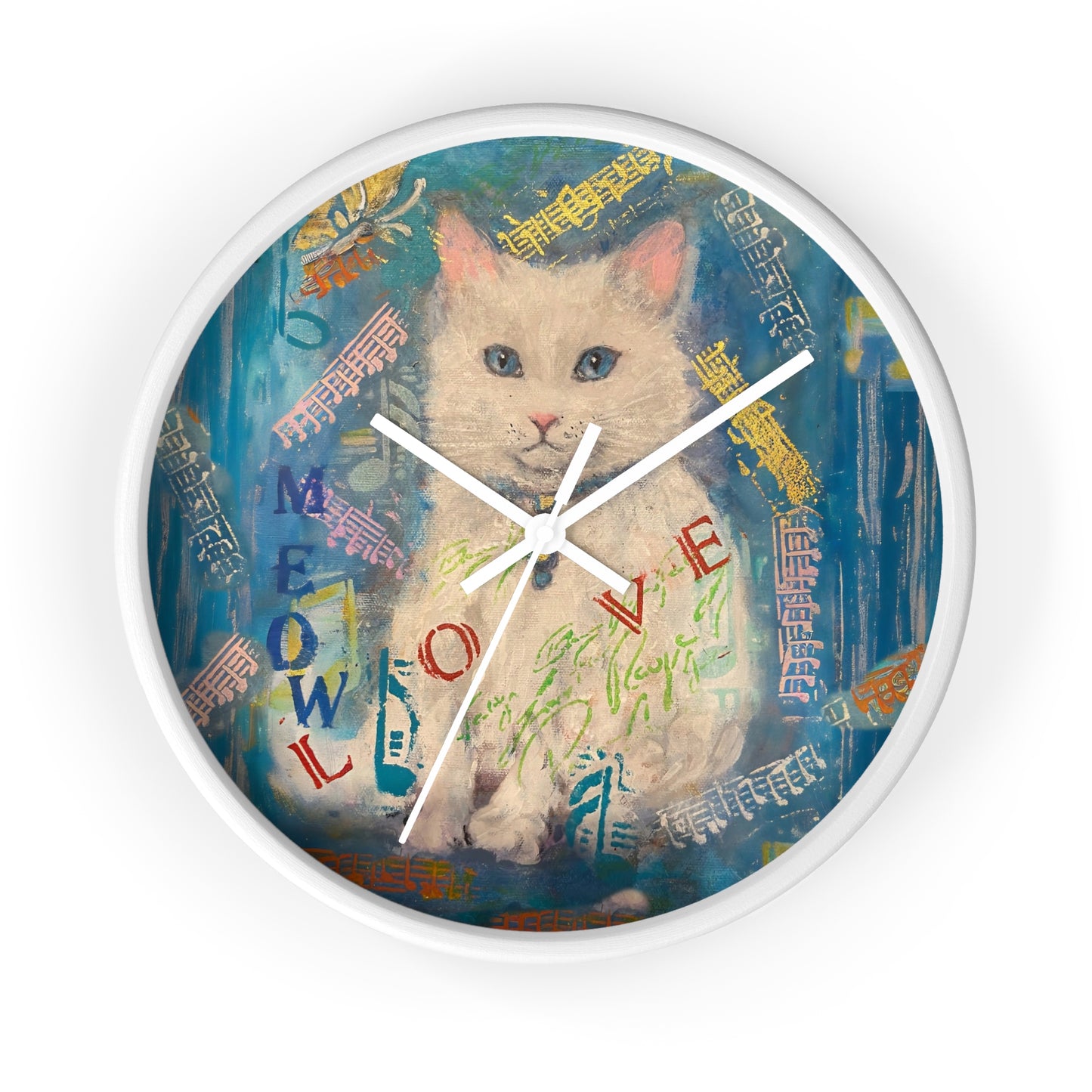 Cat Wall Clock - Lovely White Cat with Blue Eyes Art by Fairyhill Studio