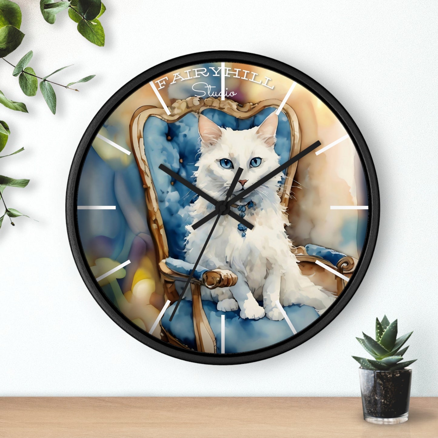 Fairy Hill Studio" White cat "  Wall Clock