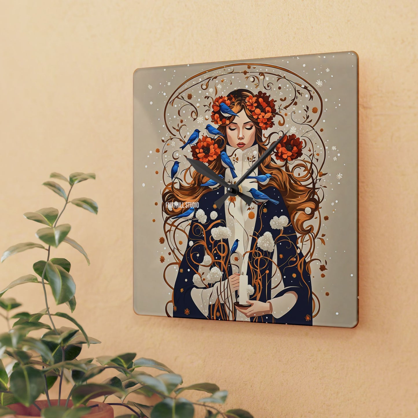 Acrylic Wall Clock - Blue Birds in Winter