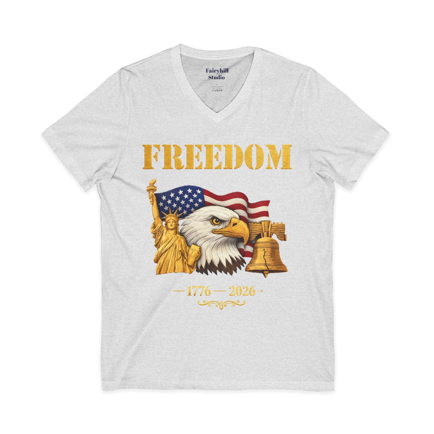 Freedom 1776–2026 Patriotic V-Neck Tee — Eagle, Flag & Liberty Bell 250th Anniversary