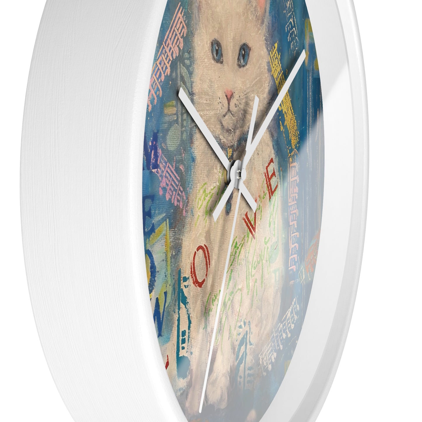 Cat Wall Clock - Lovely White Cat with Blue Eyes Art by Fairyhill Studio