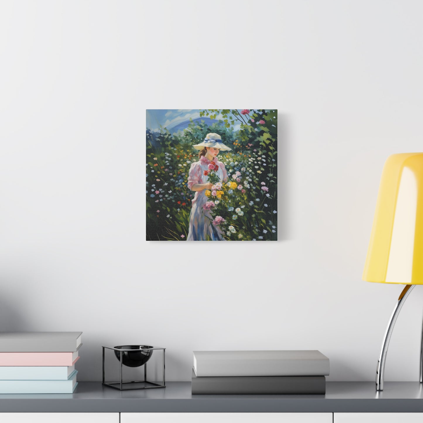 Canvas Art - Monet Style Floral Serenity with Elegant Woman and Flower Basket, Stretched Matte 1 25"
