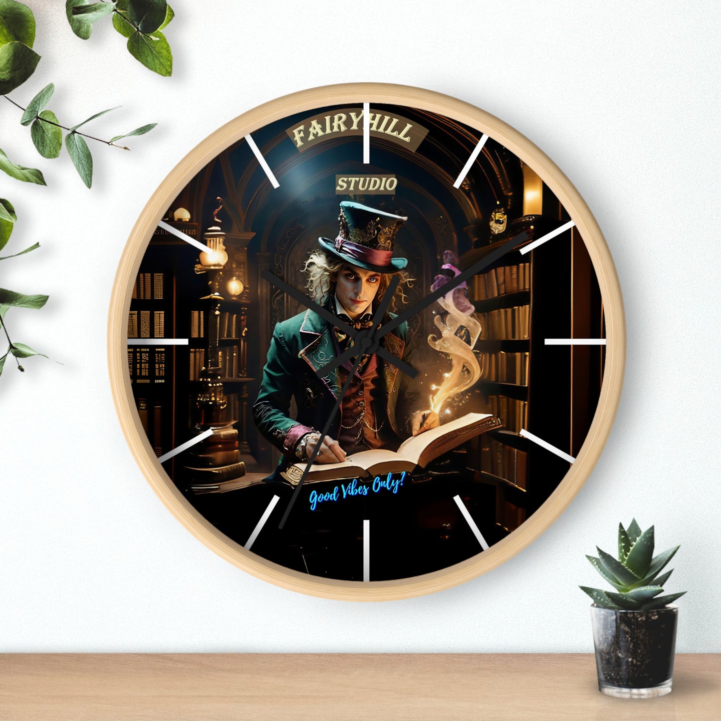 Wall Clock - &quot;Good Vibes Only&quot; Mad Hatter with Books