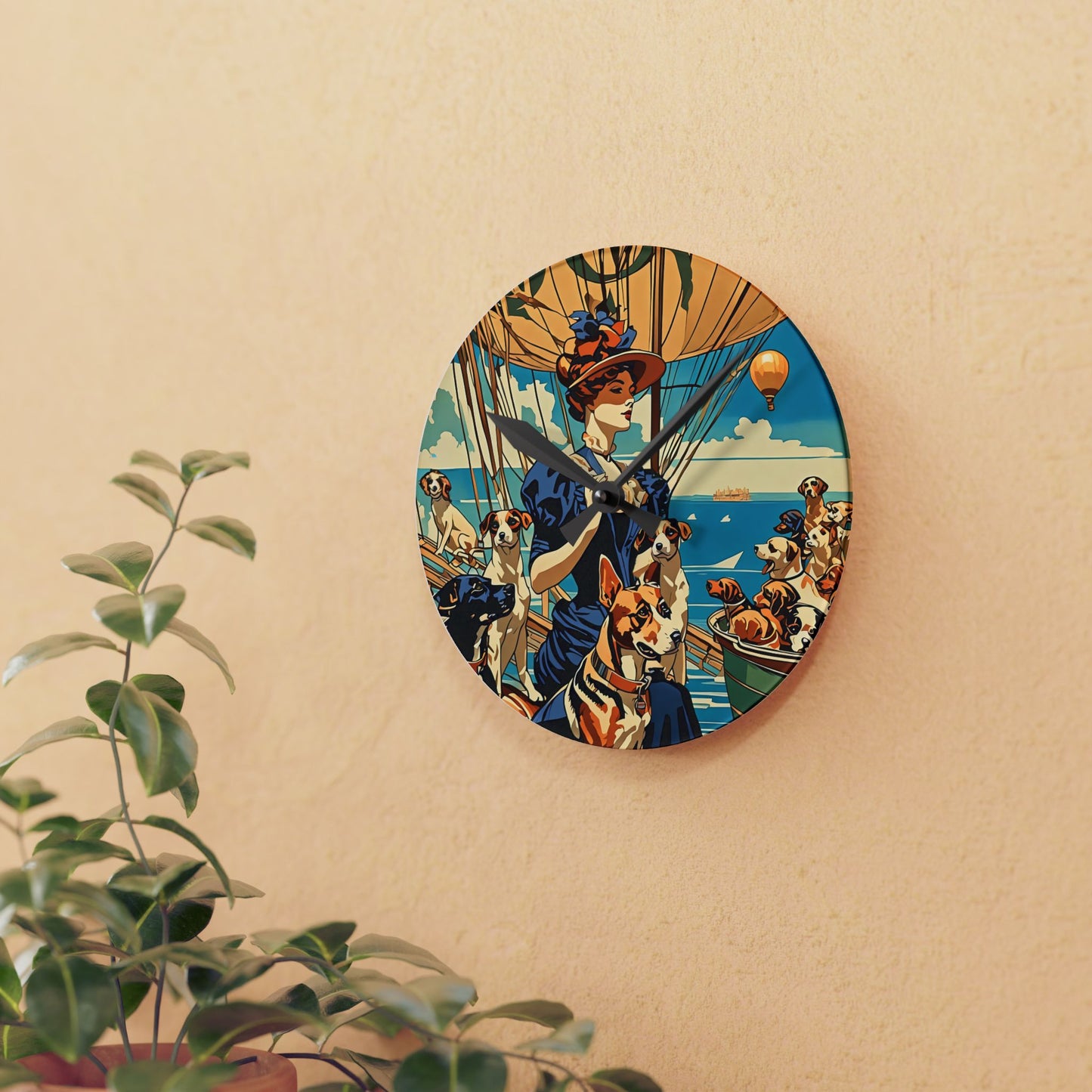 Acrylic Wall Clock - Sailing Away with My Dogs Illustration Art